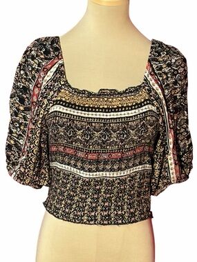 Willow Root Boho Smocked Crop Top Black Floral Paisley Size Small